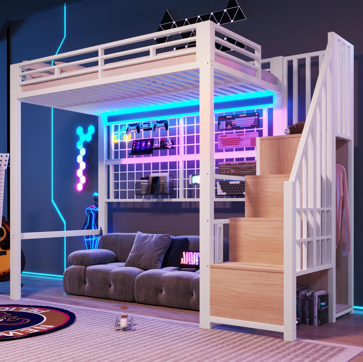 HOCHBETT 90/200 cm in Weiß – mit Stauraumleiter, Kleiderschrank und LED - Weiß, Metall (90/200cm) - BEAOK
