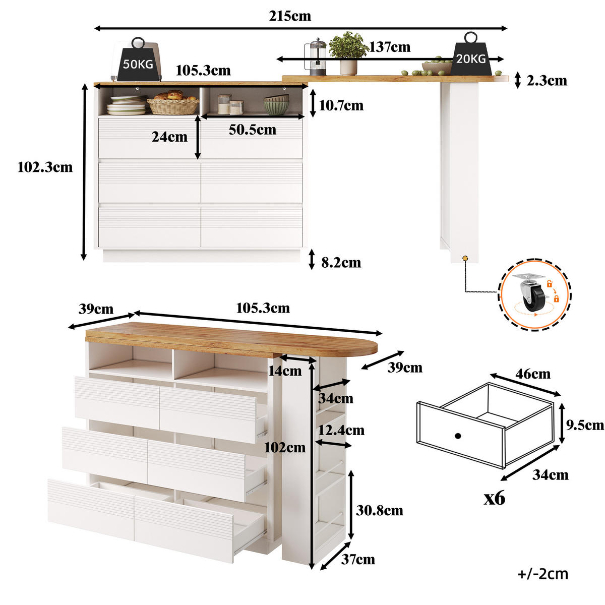 BARTISCH Ausziehbar 137-215x39x102cm 6 Schubladen Stauraum - Weiß, Holzwerkstoff (39/137/102.3cm) - FLIEKS