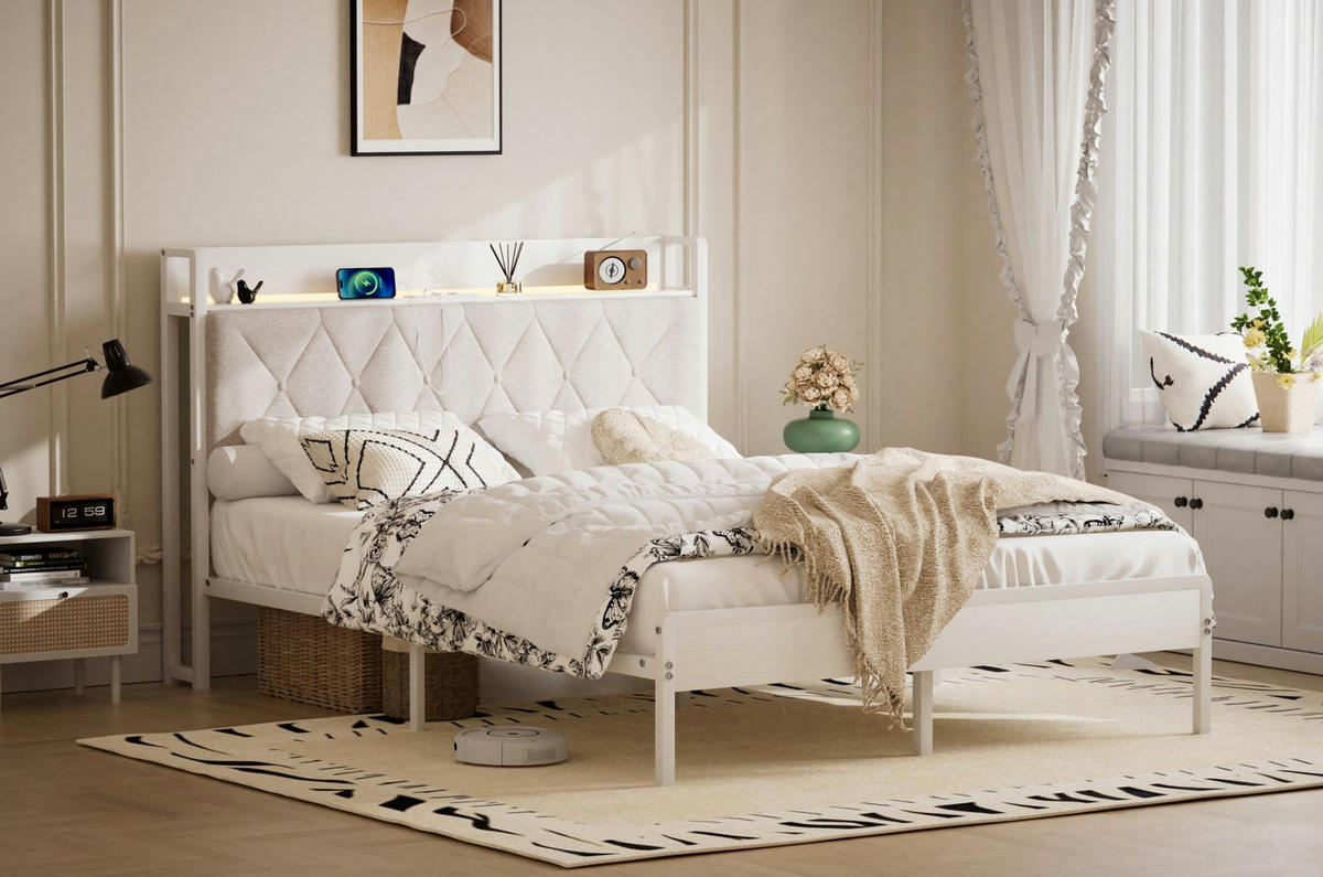 POLSTERBETT 140x190 cm in Weiß mit LED-Beleuchtung, USB-Anschluss und Stauraum - Weiß, Textil (140/190cm) - IVMEU
