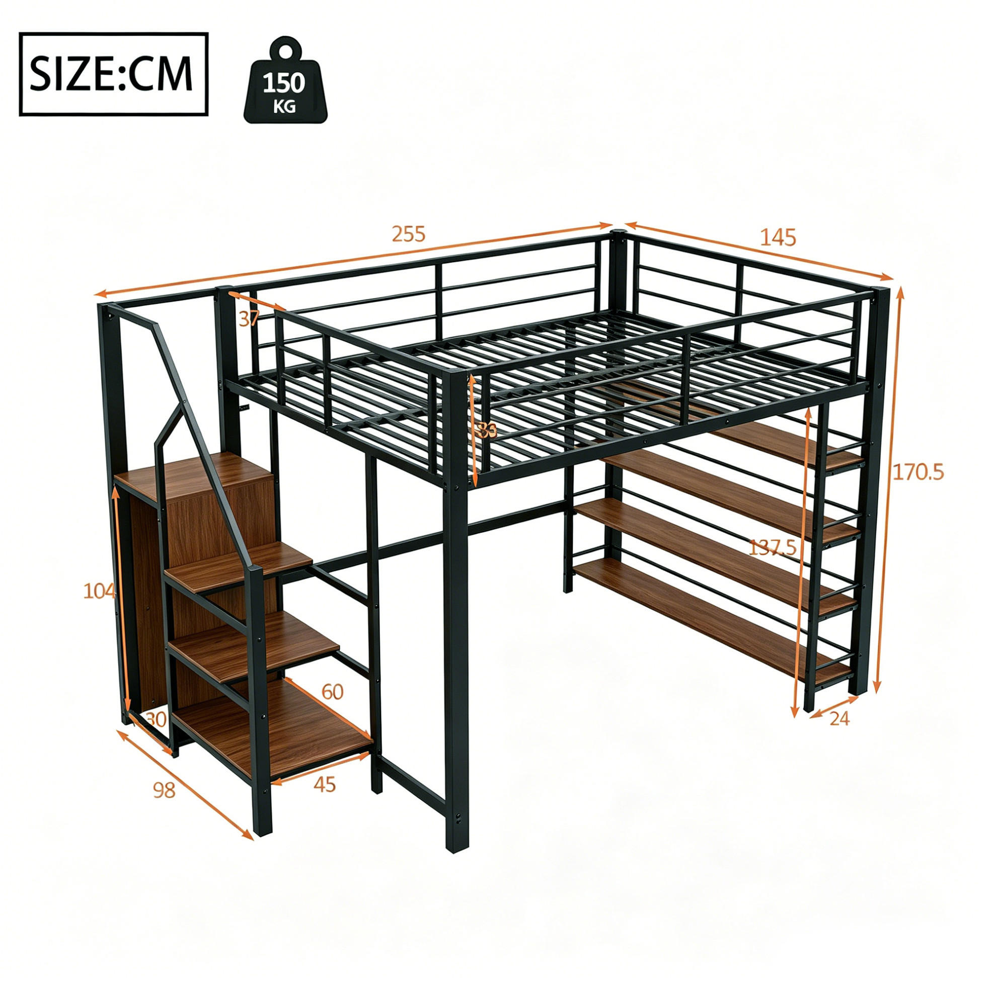 HOCHBETT 140/200 cm aus Metall und MDF mit Stauraumtreppe und Kleiderstange Schwarz - Schwarz, Metall (140/200cm) - Modenvie