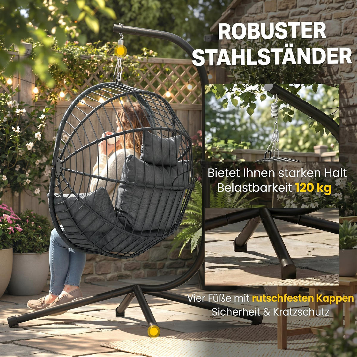 HÄNGESESSEL, Stahl, Polyester, Grau - Grau, Kunststoff/Metall (106/188/120cm) - Outsunny
