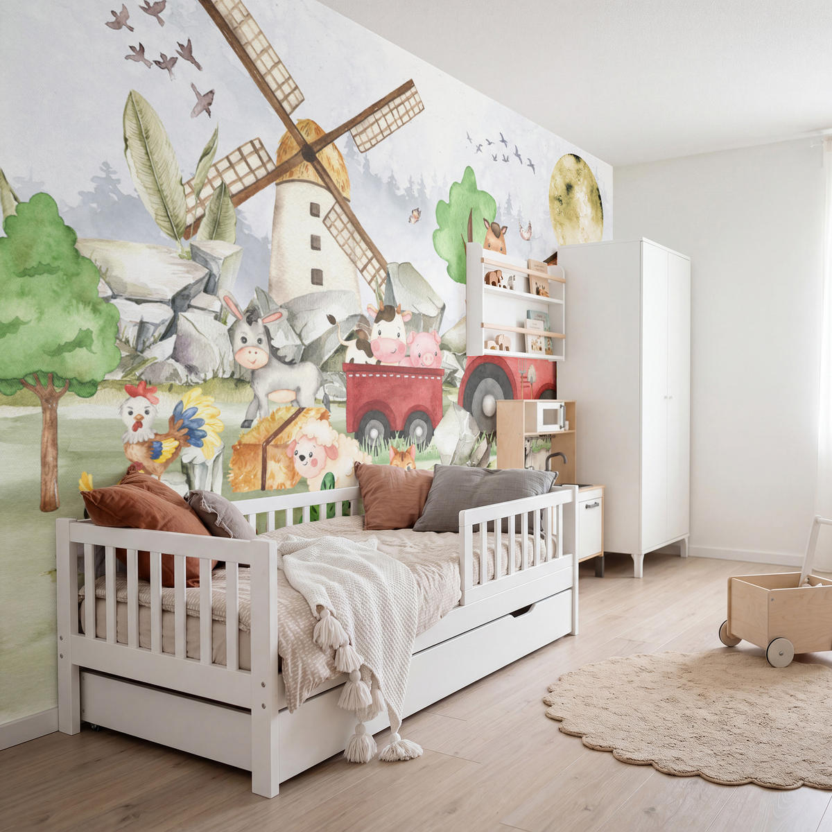 KINDERTAPETE - Bauernhof - Traktor - Kinder - Tiere - 450x300 cm - Weiß, Papier (450/300cm) - OnlyWow