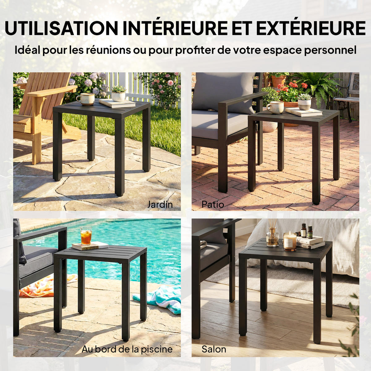GARTENBEISTELLTISCH DE-14187 quadratisch 45x45 cm, höhenverstellbare Füße Schwarz - Schwarz, Metall (45/45/45.5cm) - ComfortXL