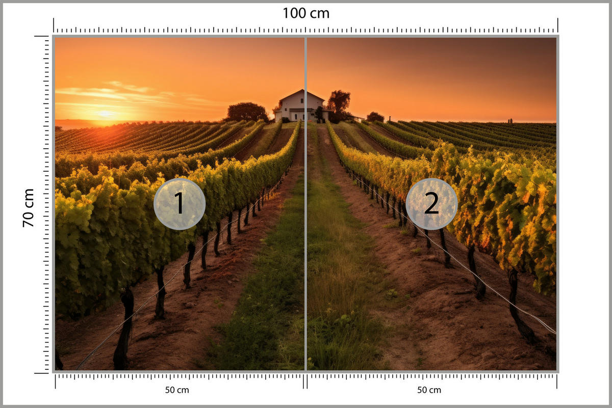 FOTOTAPETE für Esszimmer Weinberg Sonnenuntergang Obstgarten 100x70 - Gelb/Beige, Papier (100/70cm) - Muralo