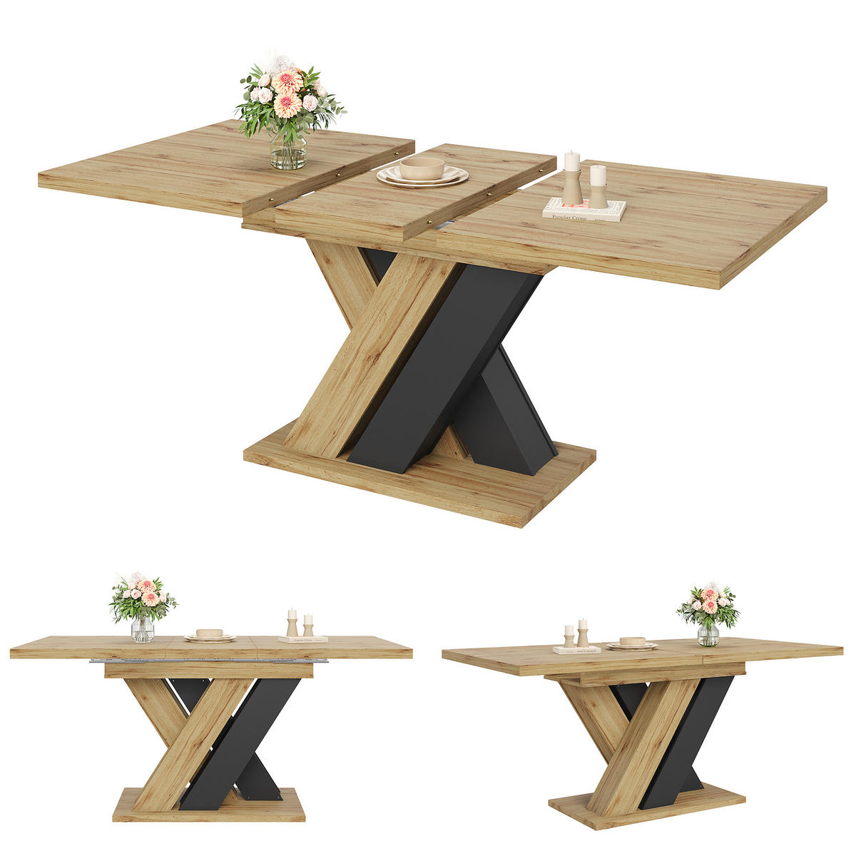 ESSTISCH ausziehbarer (119-158,5 cm) in Holzoptik & Schwarz - Eichefarben, Holzwerkstoff (80/159/75cm) - Urban Meuble