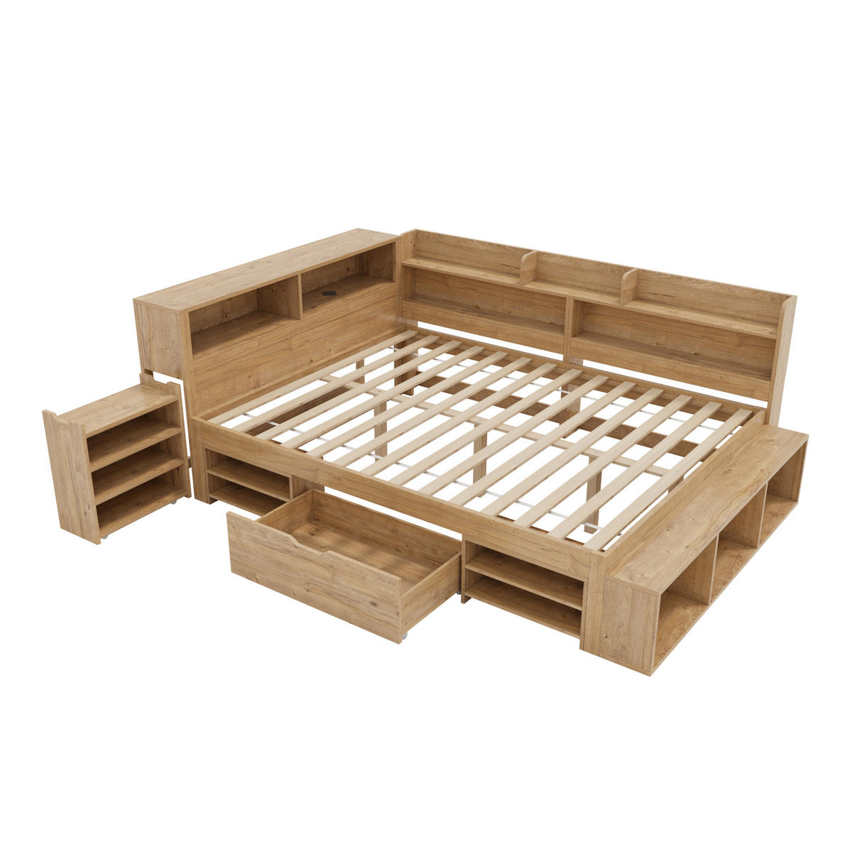 KINDERBETT 140/200 cm aus Sperrholz mit Stauraum, Regalen und Nachttisch, Natur - Naturfarben, Holzwerkstoff (140/200cm) - Redom