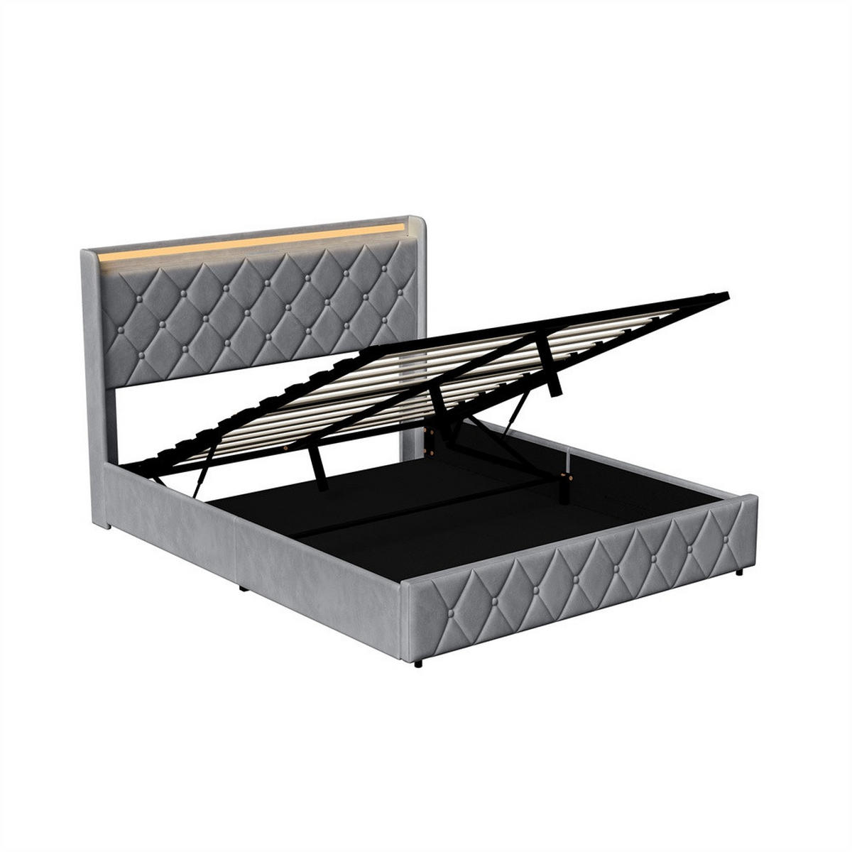 POLSTERBETT 140x200 cm mit hydraulischem Stauraum - Kopfteil Regal & LED - USB - ohne Matratze - Grau - Grau, Textil (140/200cm) - DELFA