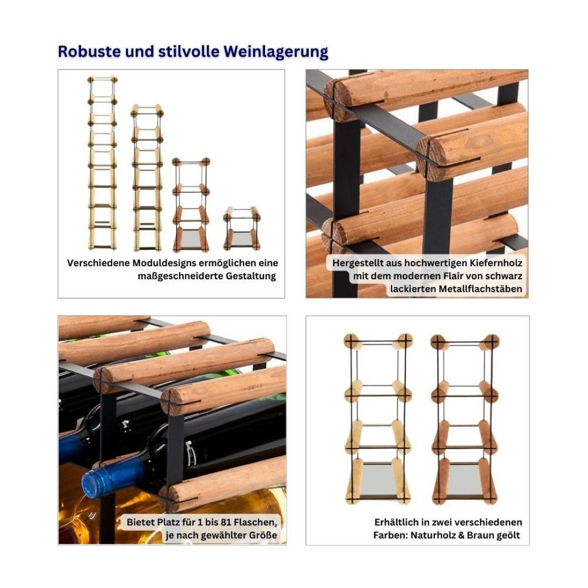 WEINREGAL Vinotega Mod Metal 32,5x52,5x24,5 cm 5x3 Flaschen Massives Kiefernholz Braun Geölt - Braun, Holz (52.5/32.5/24.5cm) - PROREGAL