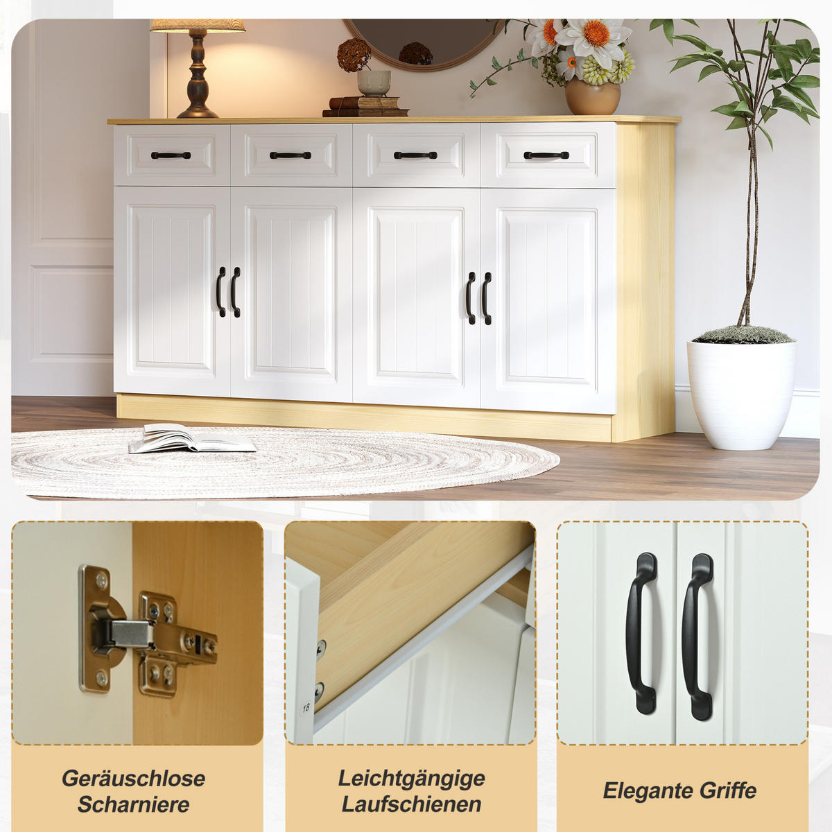 SIDEBOARD 160/35/80 cm weiß/natur aus MDF mit viel Stauraum - Weiß, Holzwerkstoff (160/80/35cm) - OKWISH