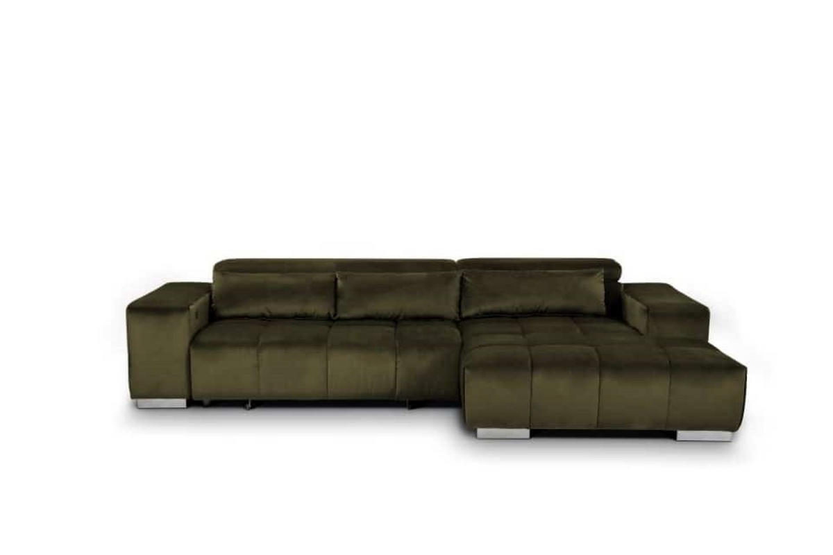ECKSOFA mit elektrischem Sitzvorschub und verstellbaren Kopflehnen - Chromfarben/Dunkelgrün, Textil (186/307cm) - Cotta