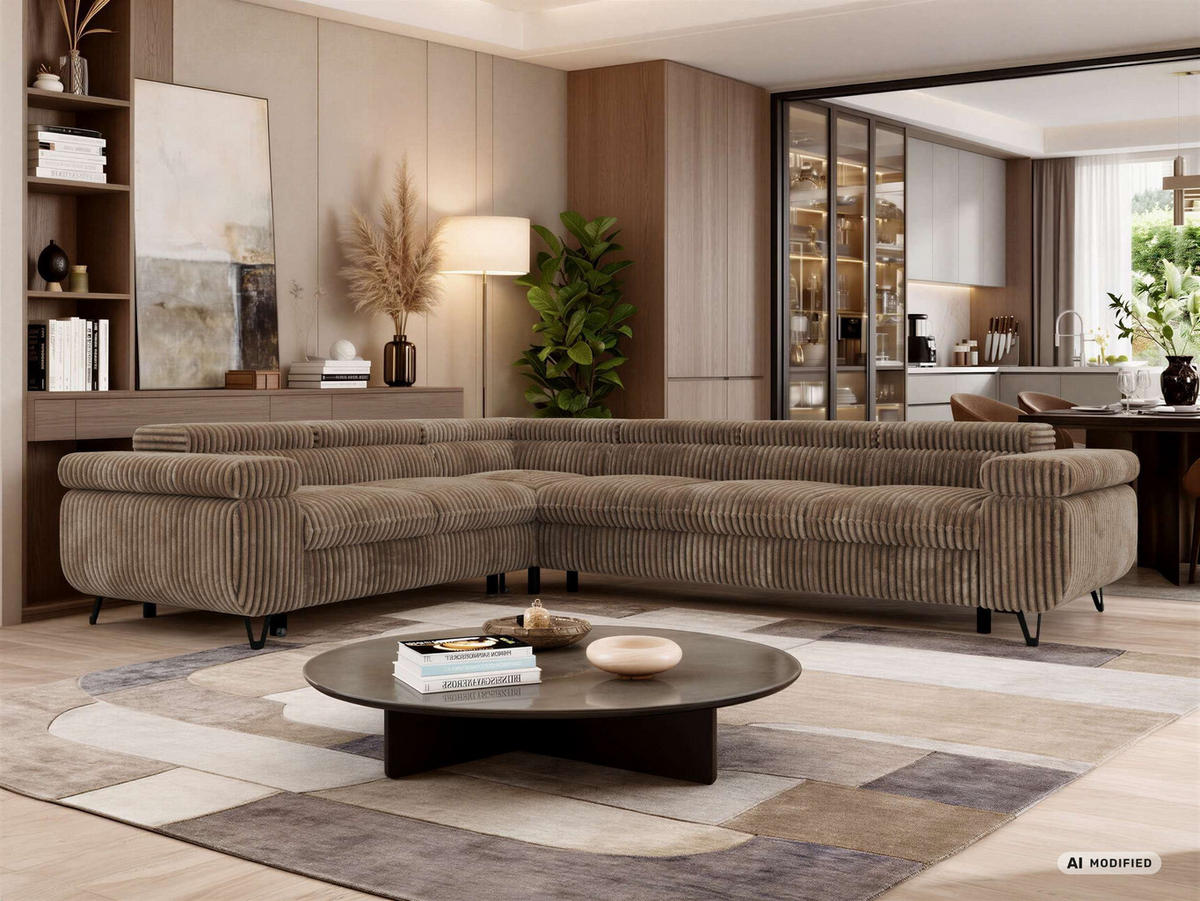ECKSOFA NORDEN L - Braun Cord - Rechts Seite - Schwarz/Braun, Textil/Metall (329/269cm) - MKS