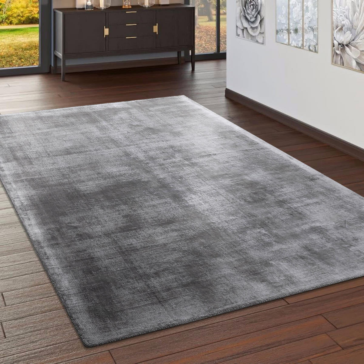 TEPPICH Viskose Unifarben Wohnzimmer schmutzabweisend Grau Rechteckig 80x150 - Grau, Textil (80/150cm) - KADIMA DESIGN