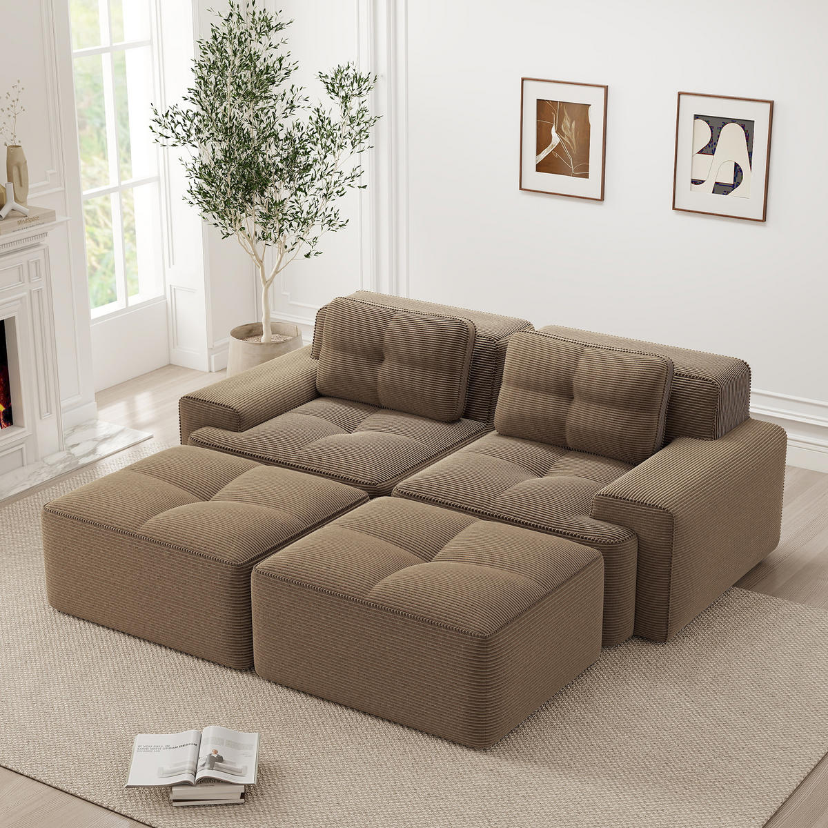 2-SITZER SOFA Cord Braun mit Ottoman - Braun, Textil (204/69/177cm) - WISHDOR