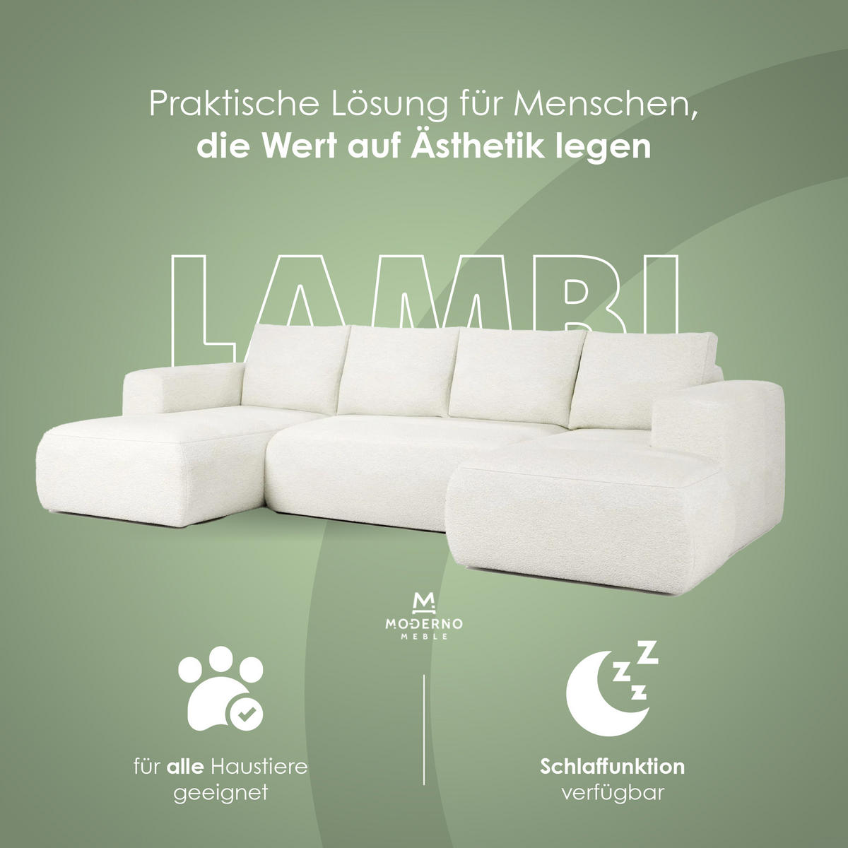 ECKSOFA LAMBI U, Wohnlandschaft U Form mit +3 Sitzen, Dunkel Creme - Lambi 08 - Ecru, Textil (340/89/114cm) - Moderno Meble