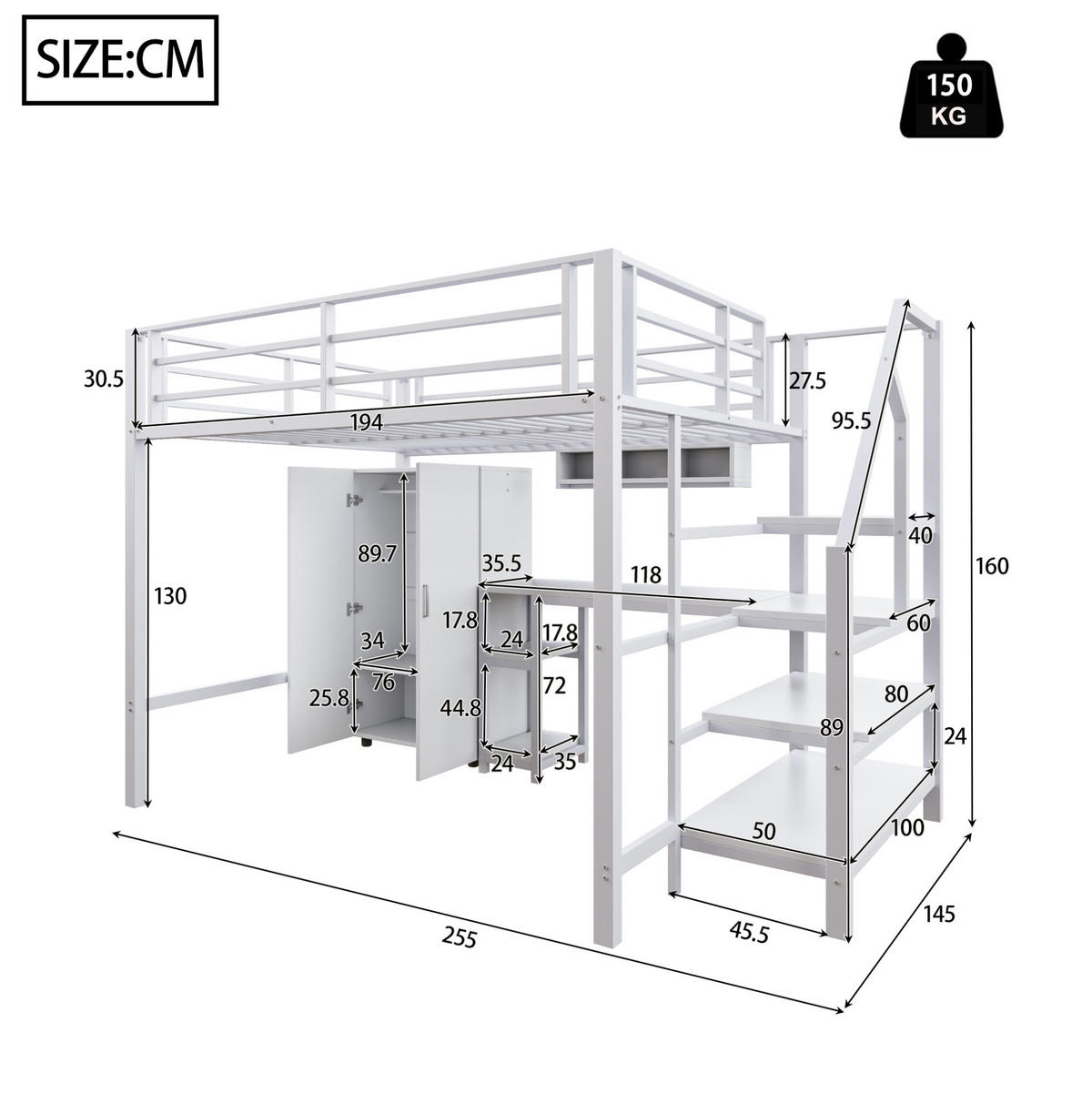 HOCHBETT 140/200 cm mit Kleiderschrank, Regalen, Ablageleiter, Schreibtisch und Metallrahmen, Weiß - Weiß, Metall (140/200cm) - Redom