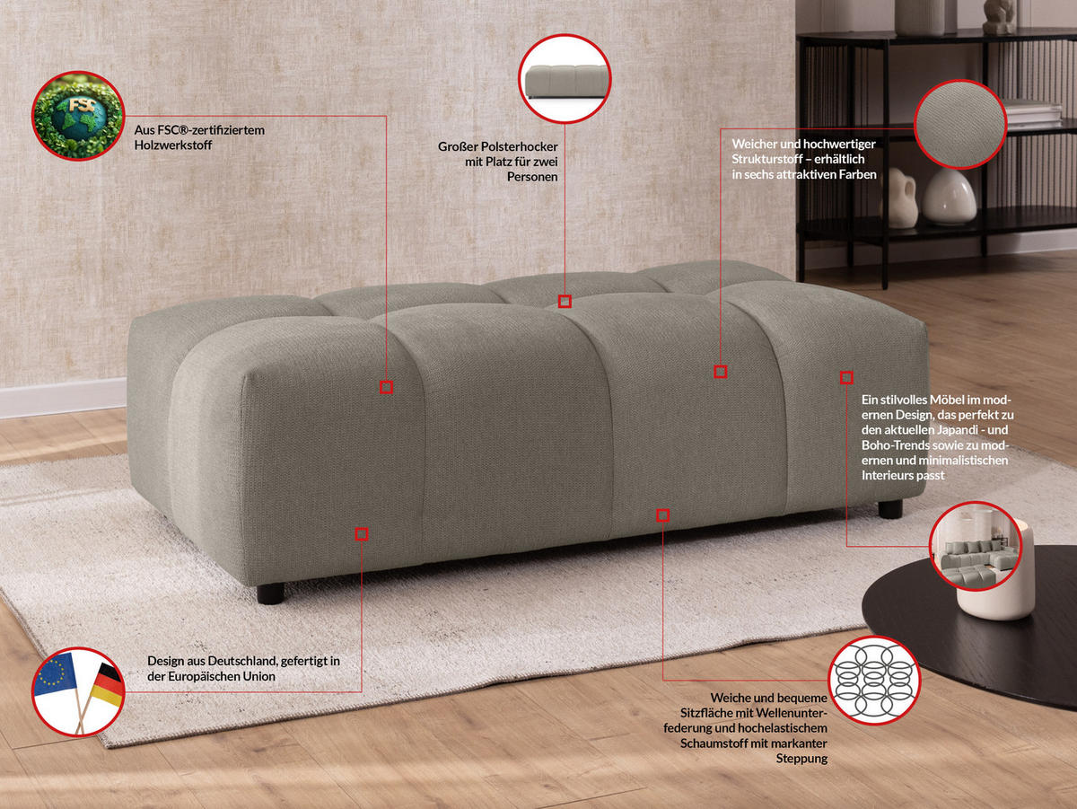 HOCKER Bubble mit Sitzfläche in Bubble-Optik aus weichem Taupe Strukturstoff mit schöner Sitzkomfort - Taupe/Schwarz, Holz/Kunststoff (147/42/74cm) - S-Style Möbel