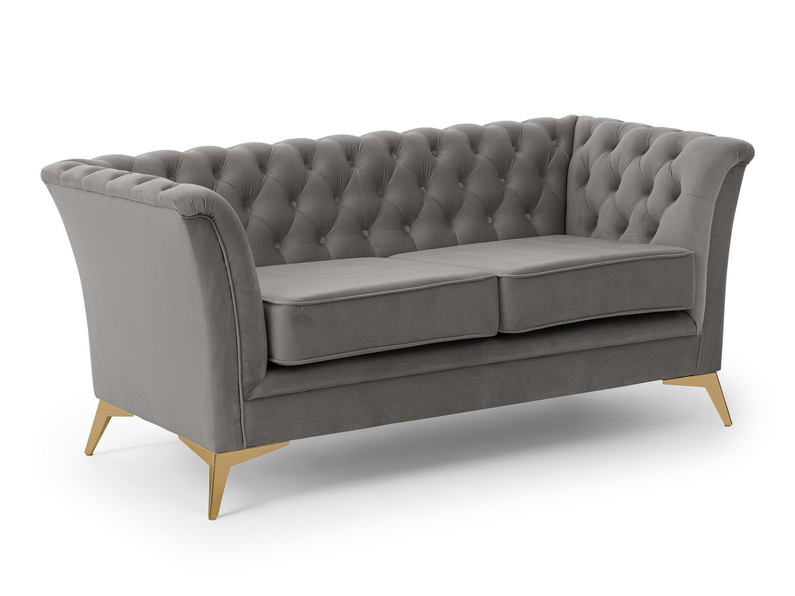 CHESTERFIELD-SOFA 2-sitzer Whitby Grau Samt mit goldenen Füßen - Goldfarben/Grau, Holz/Textil (175/78/82cm) - S-Style Möbel