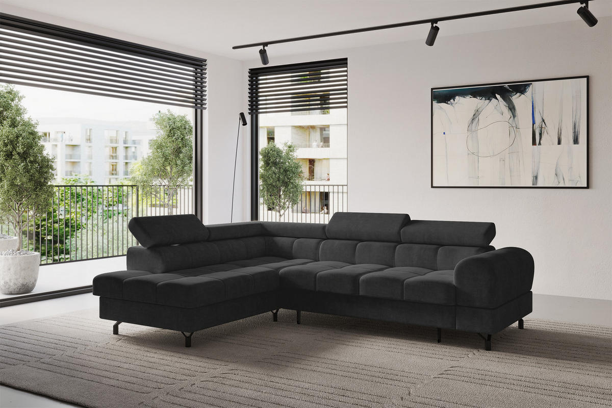 ECKSOFA mit Schlaffunktion Ottomane Links LUMA-L 272x203x70 Schwarz Velours - Schwarz, Holzwerkstoff/Kunststoff (272/203cm) - ALTDECOR