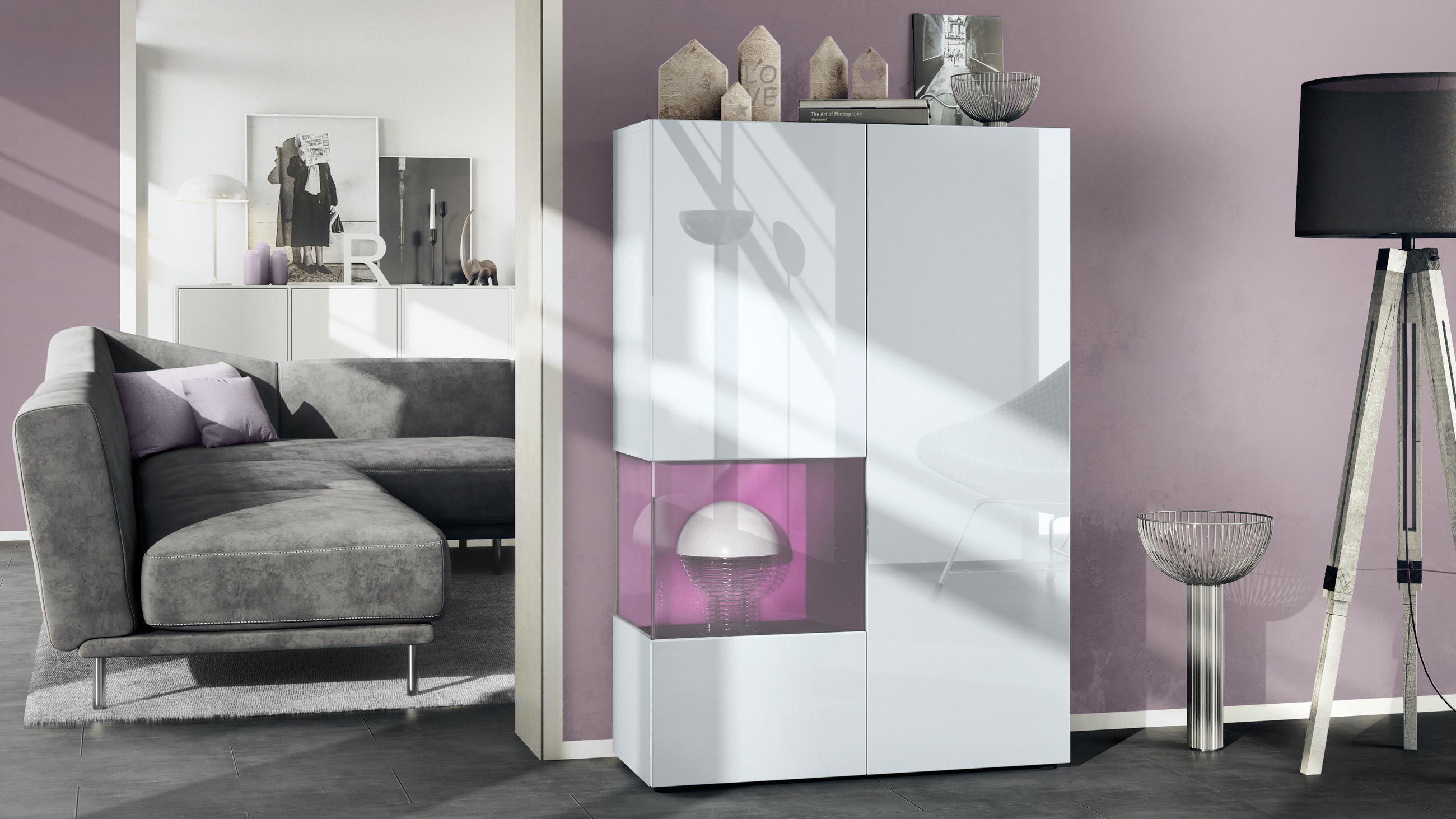 VITRINE Morena Einsatz in Brombeer Hochglanz - Brombeere, Holzwerkstoff (91.5/136.5/37cm) - Vladon