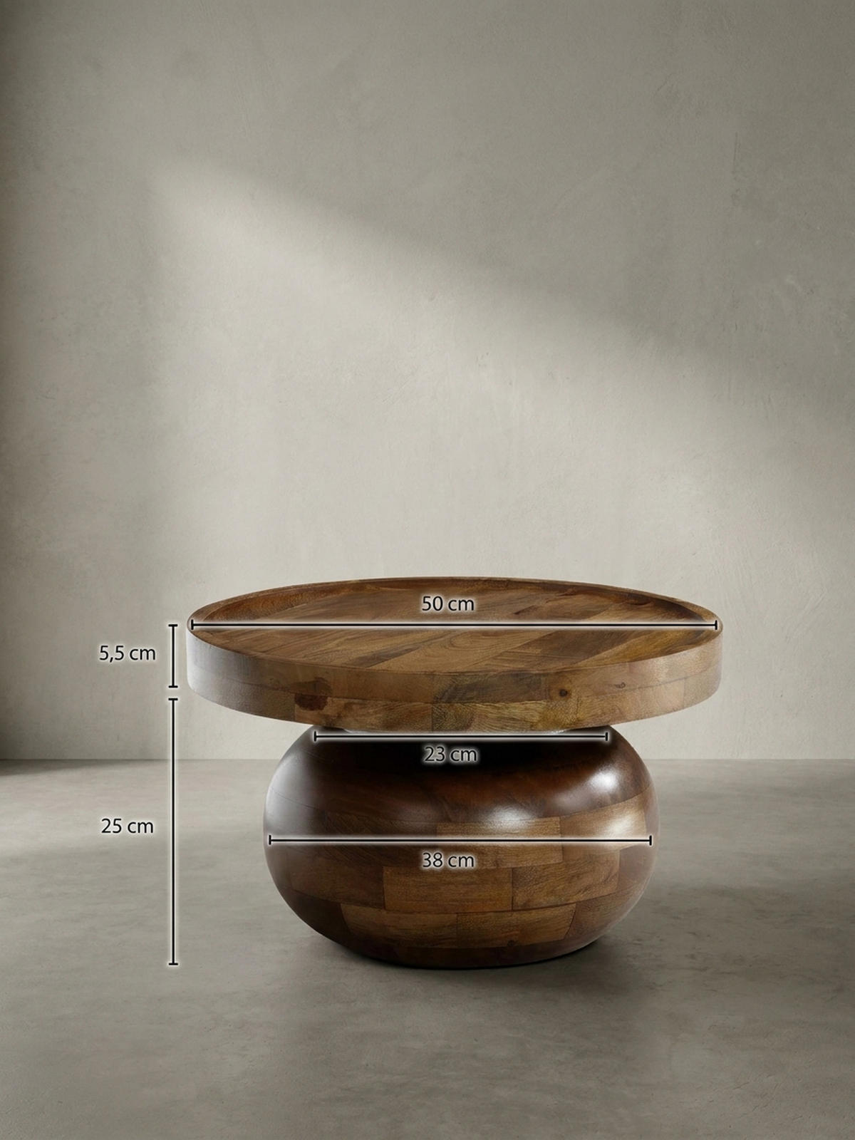 COUCHTISCH rund in Walnussfarbe, Massivholz Mango, 50x50x30,5 cm, niedrig, modern, natürliche Holzmaserung - Braun, Holz (50/50/30cm) - KADIMA DESIGN