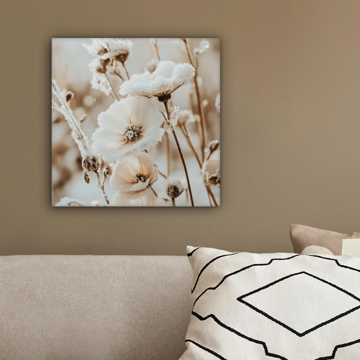 LEINWANDBILD Blumen - Winter - Weiß - Schnee - Beige 20x20 cm - Creme, Textil (20/20cm) - MuchoWow
