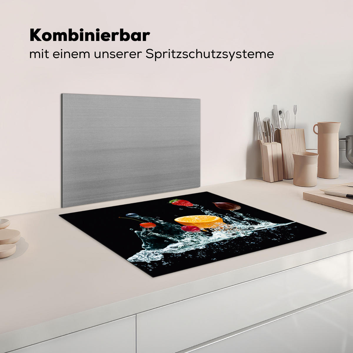 HERDABDECKPLATTE Wasser - Obst - Orange - Erdbeere - Kirsche - Schwarz Herdabdeckung Induktionsfeld 65x52 cm - Orange, Kunststoff (65/52/0.2cm) - MuchoWow