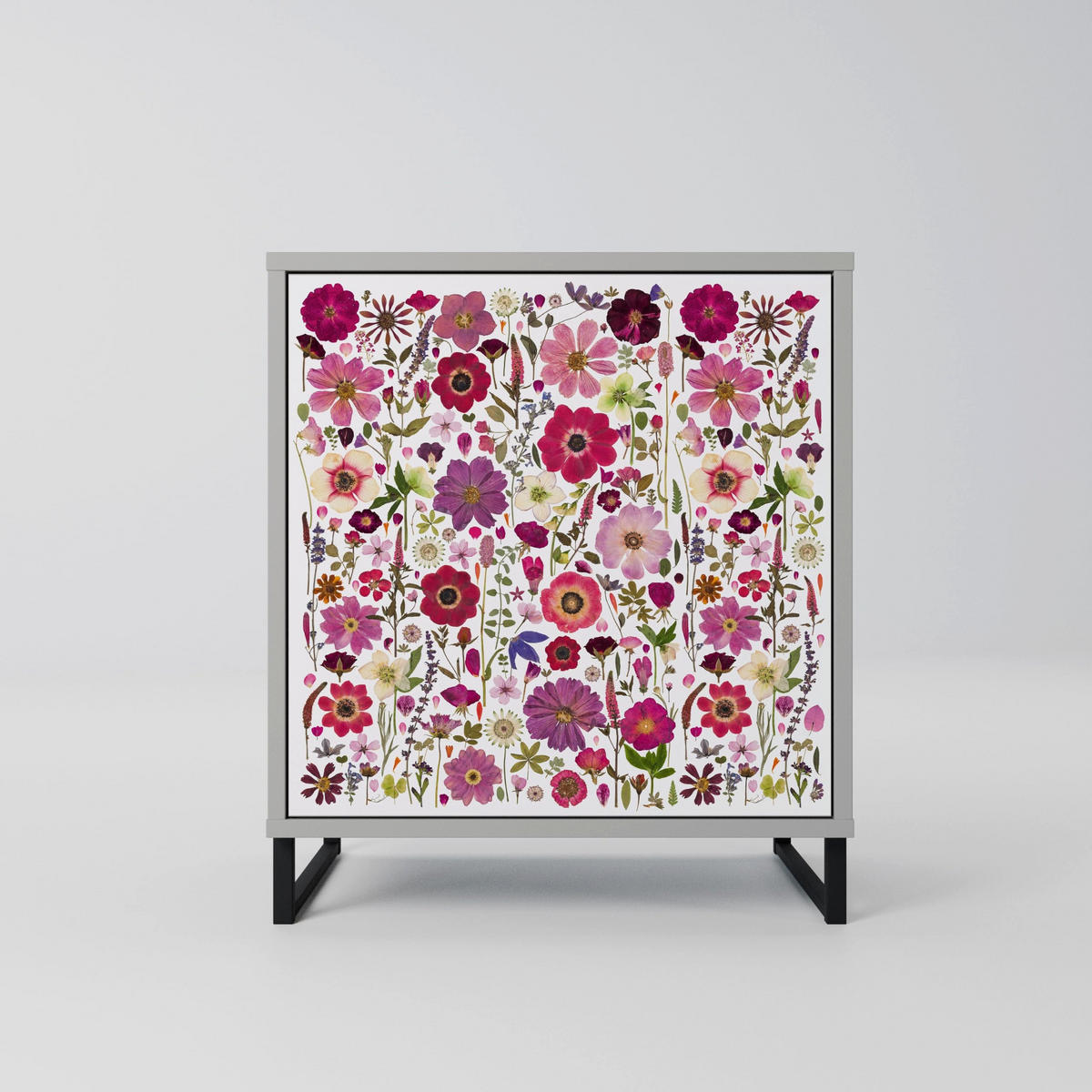 SIDEBOARD PETAL GARDEN, Grau, 57,5x42x77,5 cm, Schräge Buchenholzfüße - Buchefarben/Multicolor, Holzwerkstoff/Buchenholz (57.5/77.5/42cm) - SpaceRebels