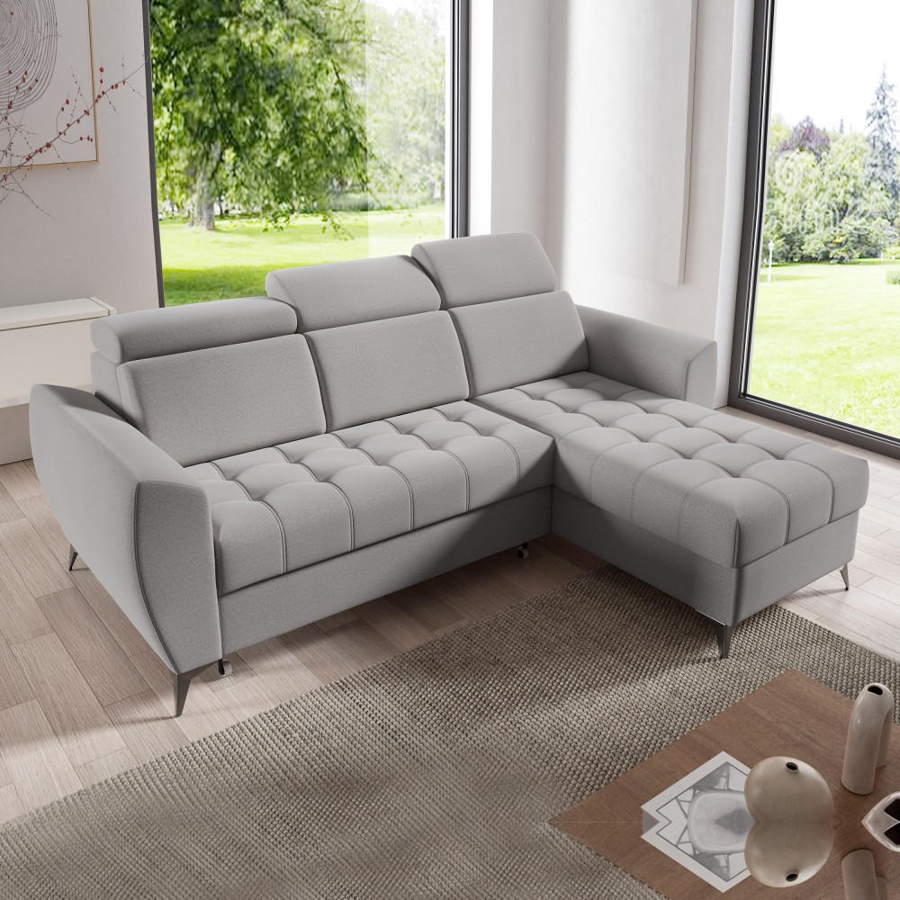 ECKSCHLAFSOFA Aurora I verstellbare Kopfstützen, Hellgrau - Hellgrau/Schwarz, Textil (235/176cm) - Beautysofa
