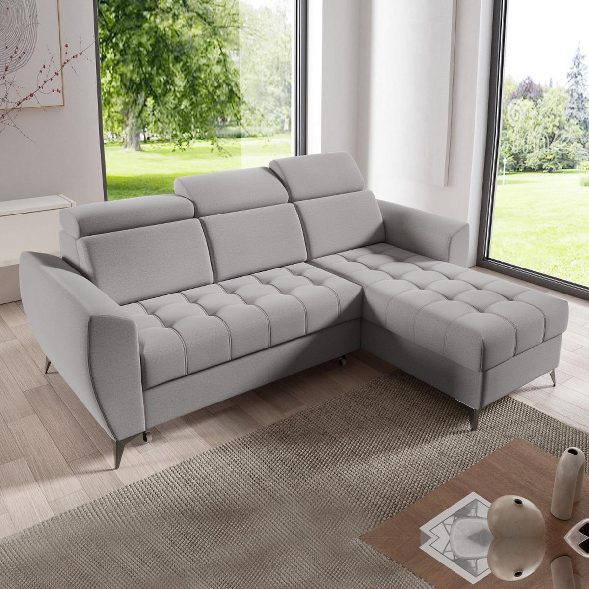 ECKSCHLAFSOFA Aurora I verstellbare Kopfstützen, Hellgrau - Hellgrau/Schwarz, Textil (235/176cm) - Beautysofa