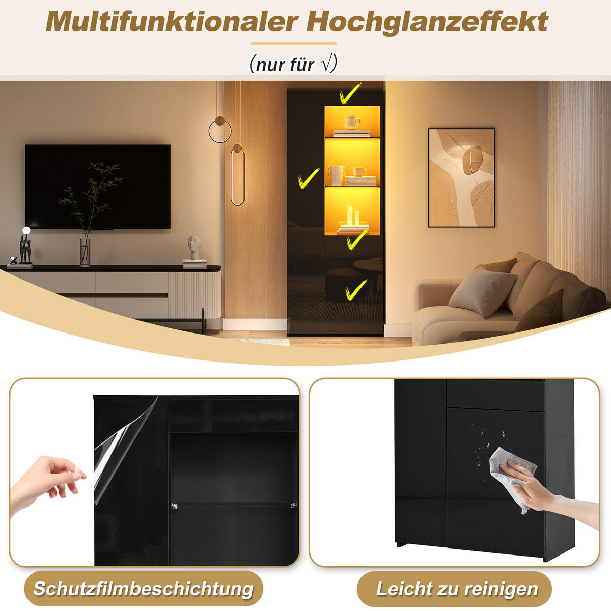 VITRINE 70x35x180 cm Schwarz mit LED und Schubladen - Schwarz, Holzwerkstoff (70/180/35cm) - FLIEKS
