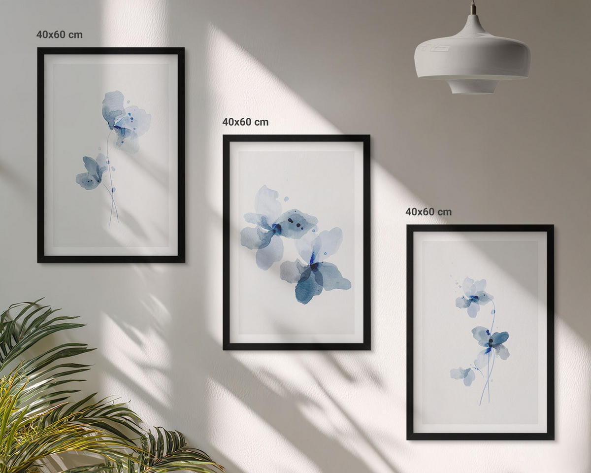 WANDBILDER 3er-Set - 40x60 cm Schwarzer Rahmen - Blaue Blumen - Schwarz, Kunststoff (40/60cm) - ArtPrintCave