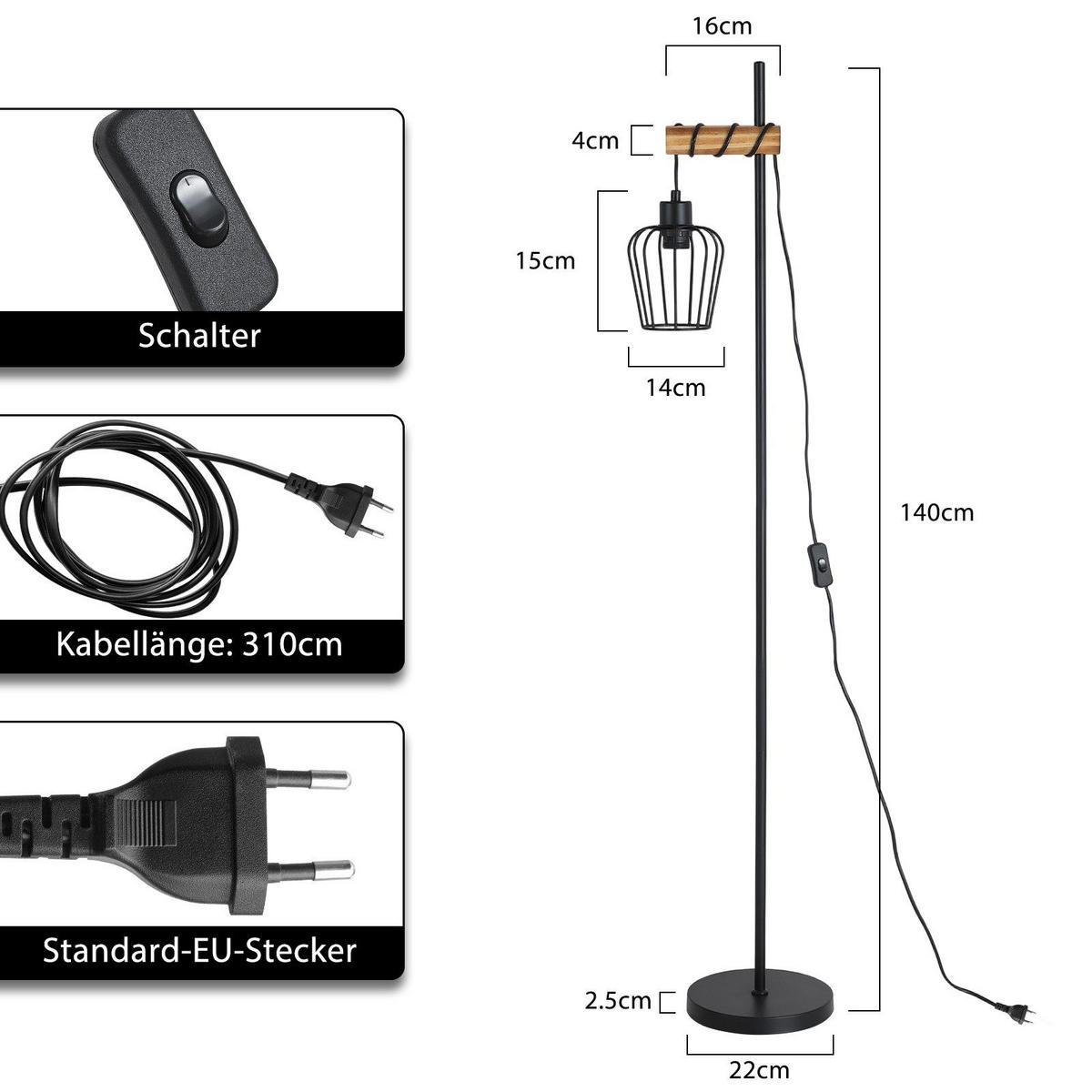 STEHLAMPE CARL Ⅲ 22/22/140 cm - Schwarz, Metall (22/22/140cm) - Nettlife