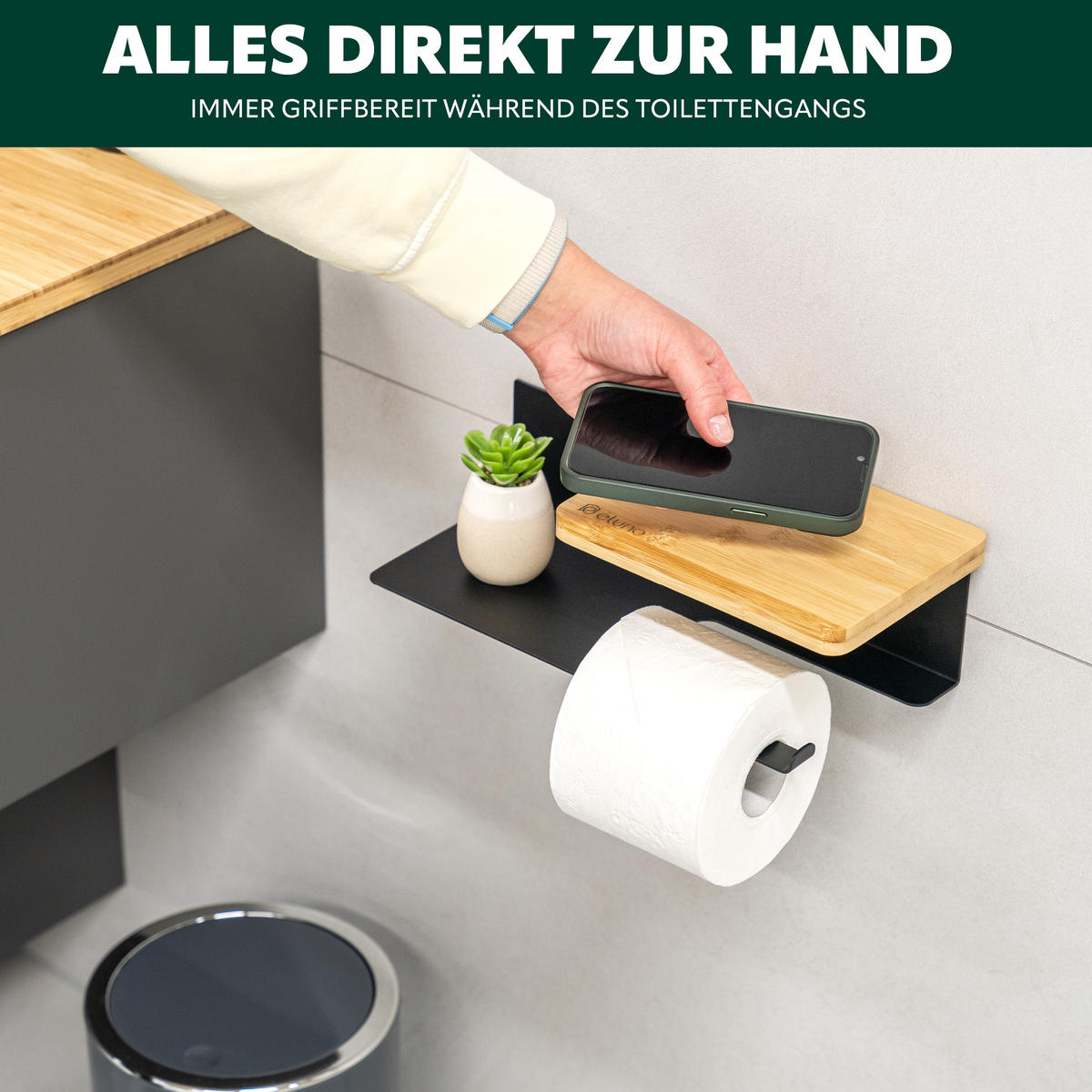 TOILETTENPAPIERHALTER VARAZ mit 2 Ablagen, Metall und Bambus - Schwarz, Metall (31.5/9.5/13cm) - eluno