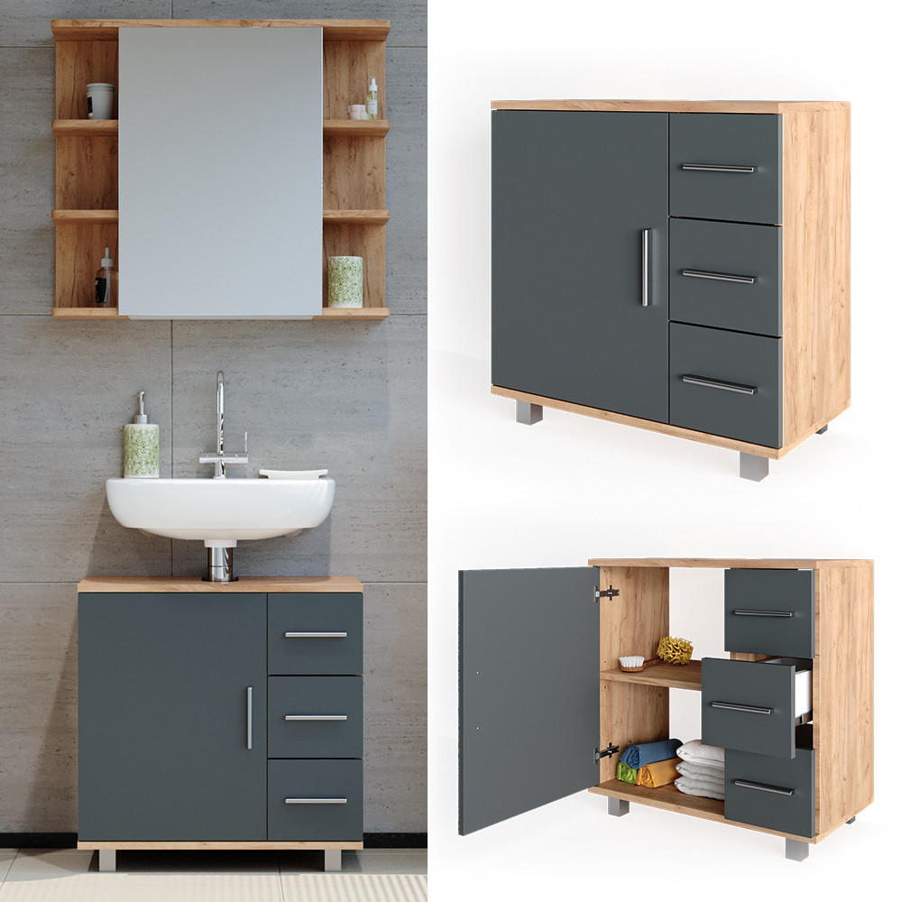 WASCHBECKENUNTERSCHRANK Ilias Goldkraft Eiche 60 x 60 cm - Eiche Wotan, Holzwerkstoff (60/60.8/33cm) - Vicco