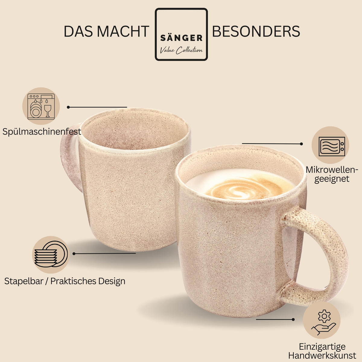KAFFEEBECHER SET KAIRO MOCHA - 6 aus Steingut - Beige, Keramik (0.4L) - Sänger