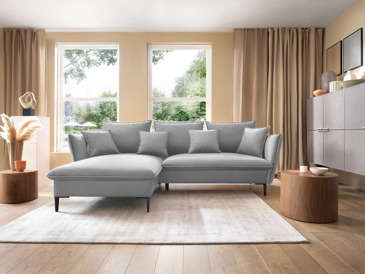 ECKSOFA GLOSS mit Schlaffunktion, Ottomane & goldenen Füßen – Samtsofa im GLOSSour-Stil mit Zierkissen, 258x167x91cm, Linke, GRAU - Blau, Holz/Textil (167/258cm) - DomoHome