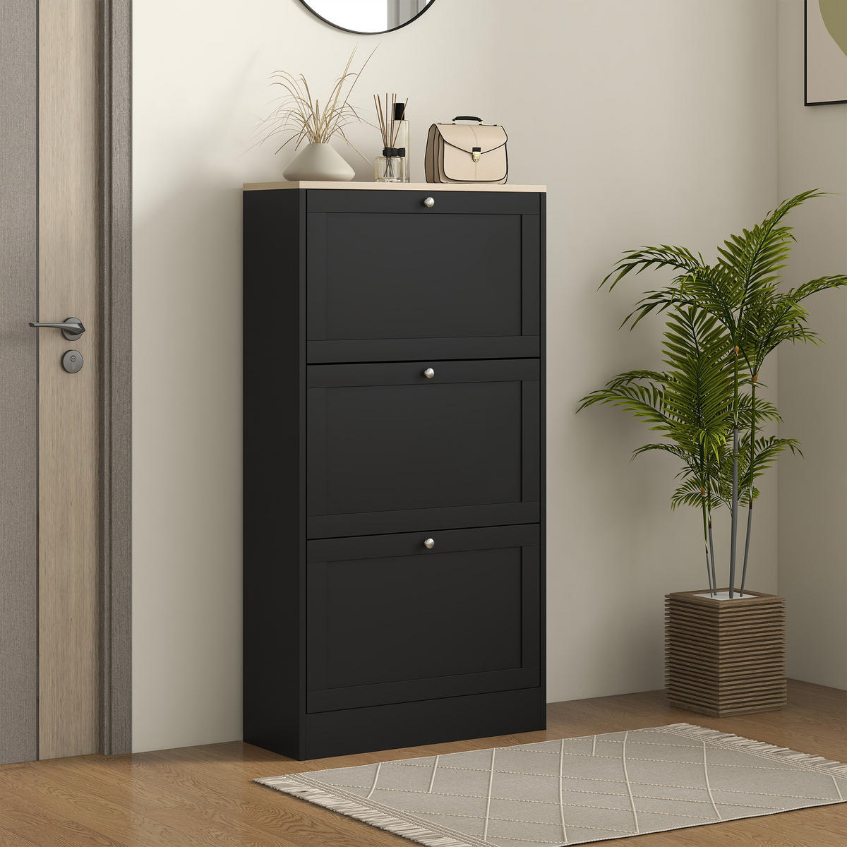 SCHUHSCHRANK DE-15014 3 Klapptüren für bis zu 18 Paar Schuhe Schwarz - Schwarz, Holzwerkstoff (60/115/23.5cm) - ComfortXL
