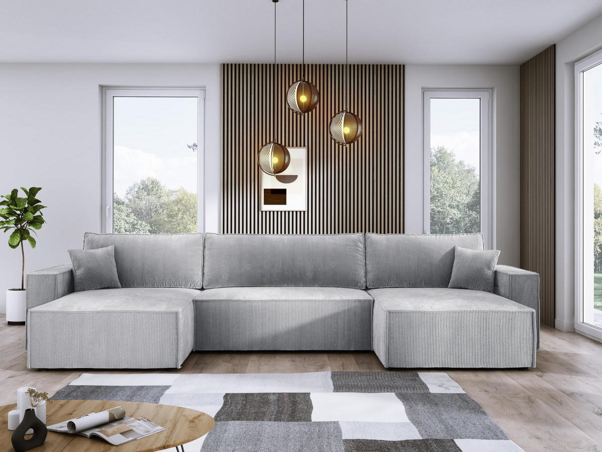 ECKSOFA Poso XXL U-förm, Schlaffunktion, weiche Kissen, Bettkasten, hochwertige Polsterung, lose Rückenkissen, freistehend, 377x143x83 cm Grey - Grau, Holz/Textil (377/83/143cm) - DomoHome