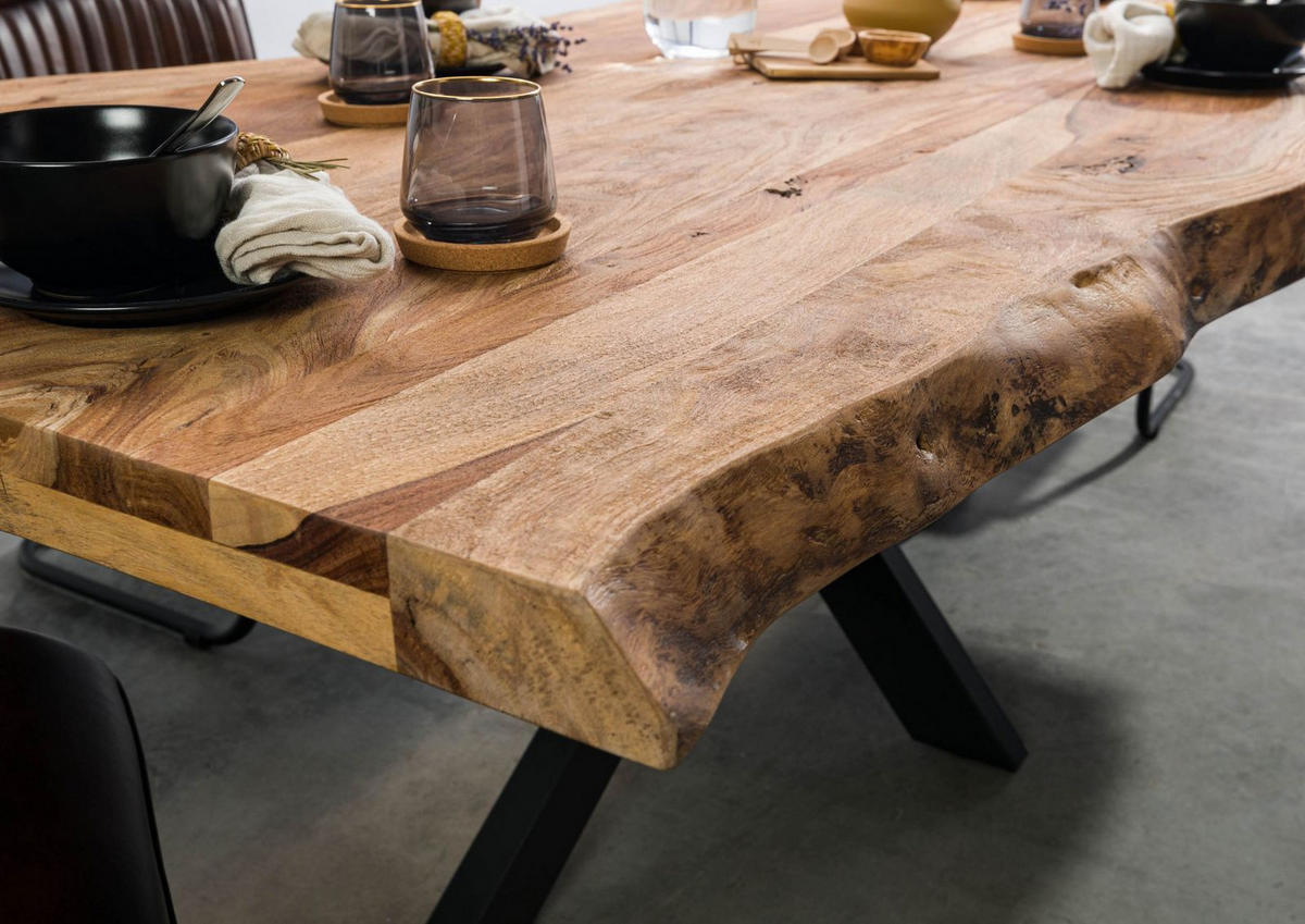BAUMTISCH Sheesham 260x100x77 natur sandgestrahlt / Kreuzgestell anthrazit matt FREEFORM 5 - Braun, Holz (100/260/77cm) - Massivmoebel24