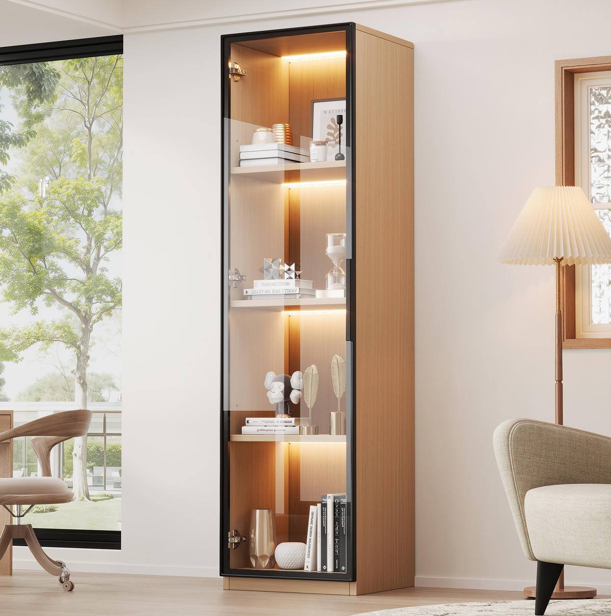 VITRINE aus MDF 40x40x165cm in Eiche mit LED & Glastür - Eichefarben, Holzwerkstoff (40/165/40cm) - Modfu