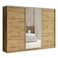 SCHWEBETÜRENSCHRANK PINA 270/205/58 cm 3-türig mit Spiegel und 4 Schubladen Eiche Artisan - Eiche Artisan, Holzwerkstoff (270/205/58cm) - MASSENO