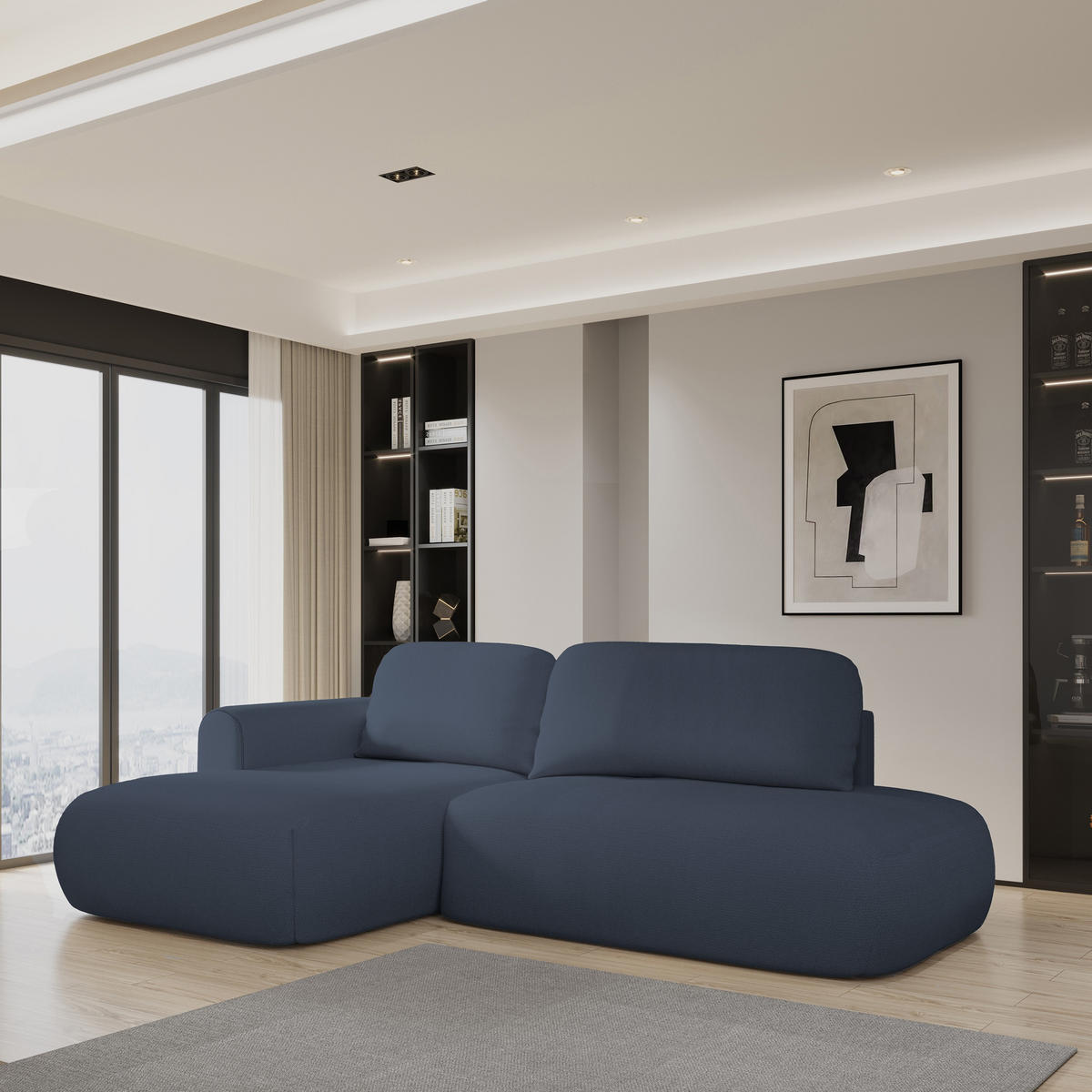 ECKSOFA NUVIRA L-S Blau Geflochtener Stoff mit Schlaffunktion - Blau, Holz (274/165cm) - MASSENO