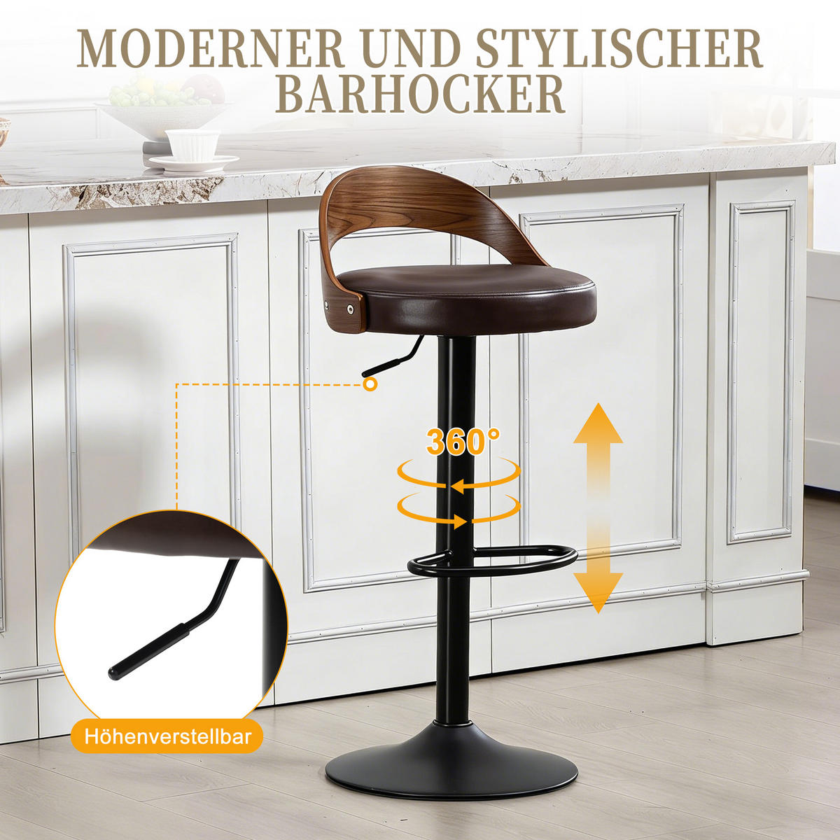 BARHOCKER 2er-Set drehbar mit PU-Sitz und Walnussholz, Braun - Braun, Kunststoff (42.5/77/42cm)