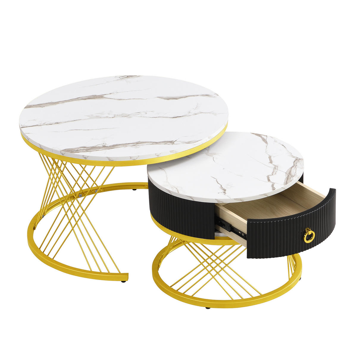 COUCHTISCH 70/70/45 cm und 50/50/40 cm in Weiß/Gold aus MDF mit Schublade - Weiß, Holzwerkstoff (70/70/45cm) - OKMYHOME
