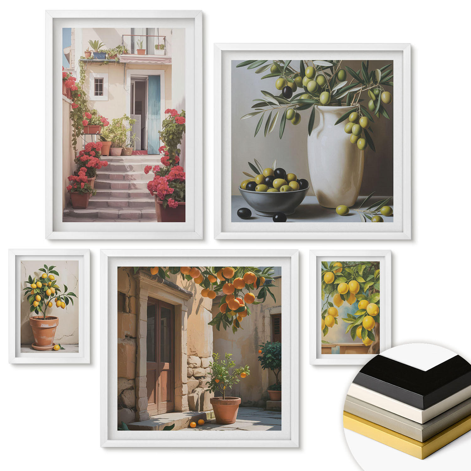 WANDBILDER 5er-Set - 50x50 cm & 20x30 cm & 40x60 cm Weißer Rahmen - Italienische Zitrus-Modeplakate - Weiß, Kunststoff (40/60cm) - ArtPrintCave
