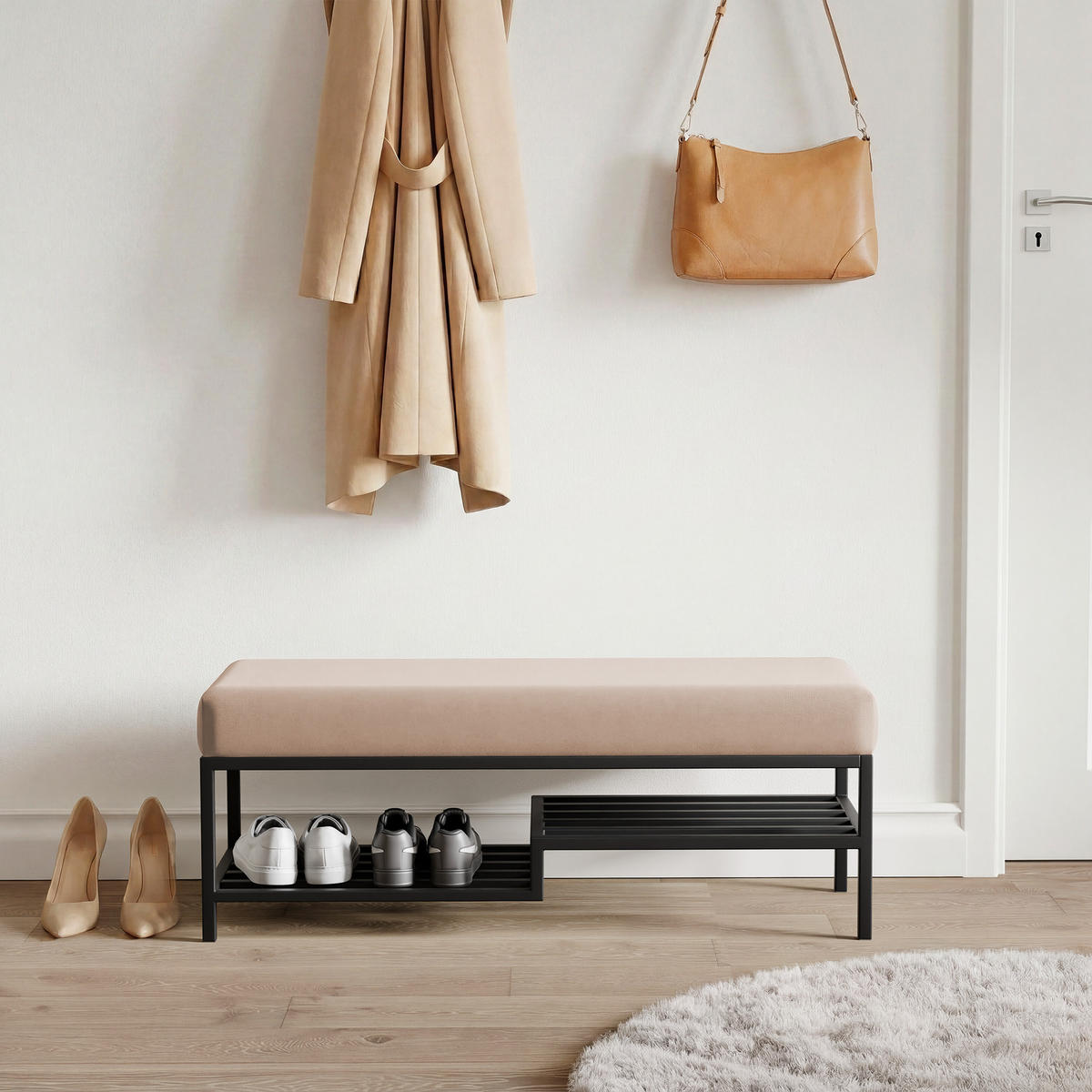 POLSTERBANK STEP 80 cm Schwarz / Beige ,Metallgestell - Beige, Metall (80/45/35cm) - Idohome