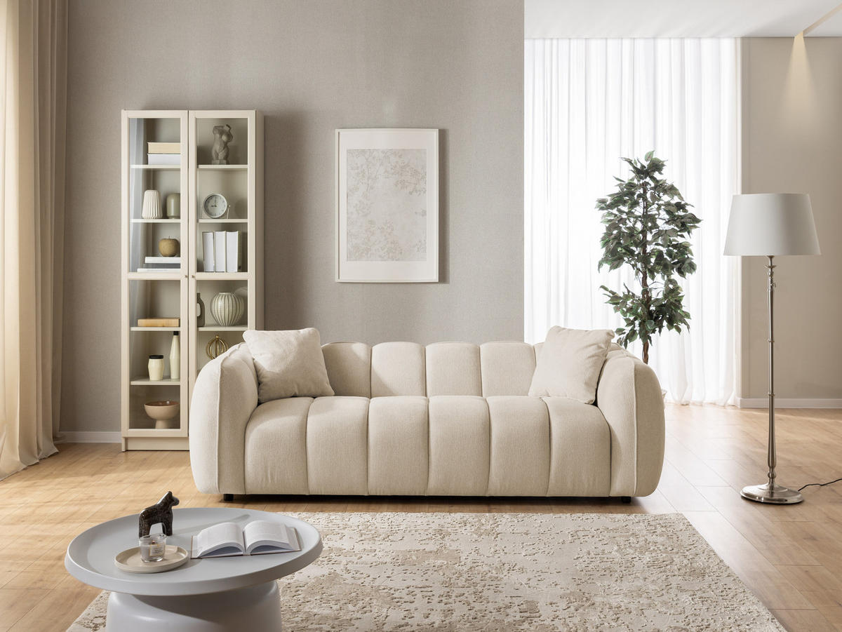 3-SITZER SOFA Nubira in tief gesteppter Bubble-Optik aus weichem Hellbeige Strukturstoff im modernen Design - Beige/Schwarz, Holz/Kunststoff (228/69/89cm) - S-Style Möbel