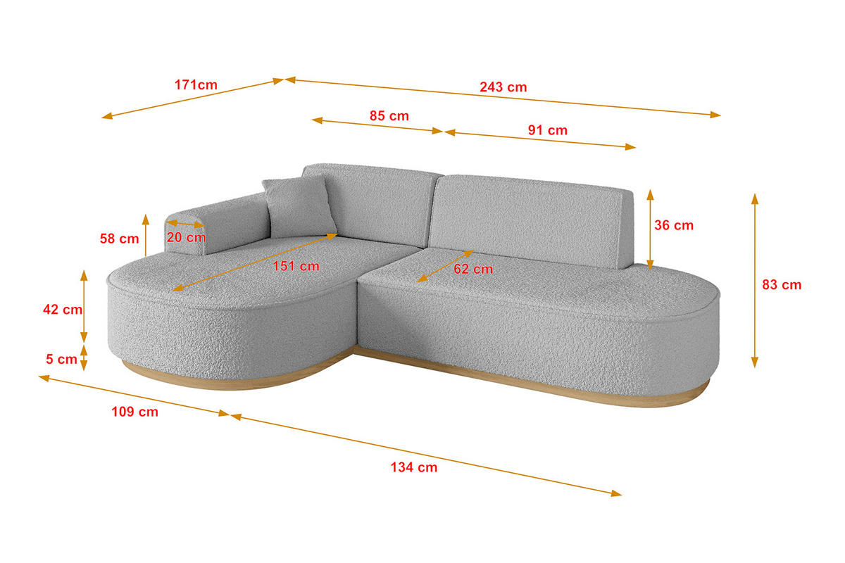 ECKSOFA Ottomane Links MARI-L1-v2 - 243x171x83 cm Hellgrau Bouclé - Hellgrau, Holzwerkstoff/Textil (243/171cm) - ALTDECOR