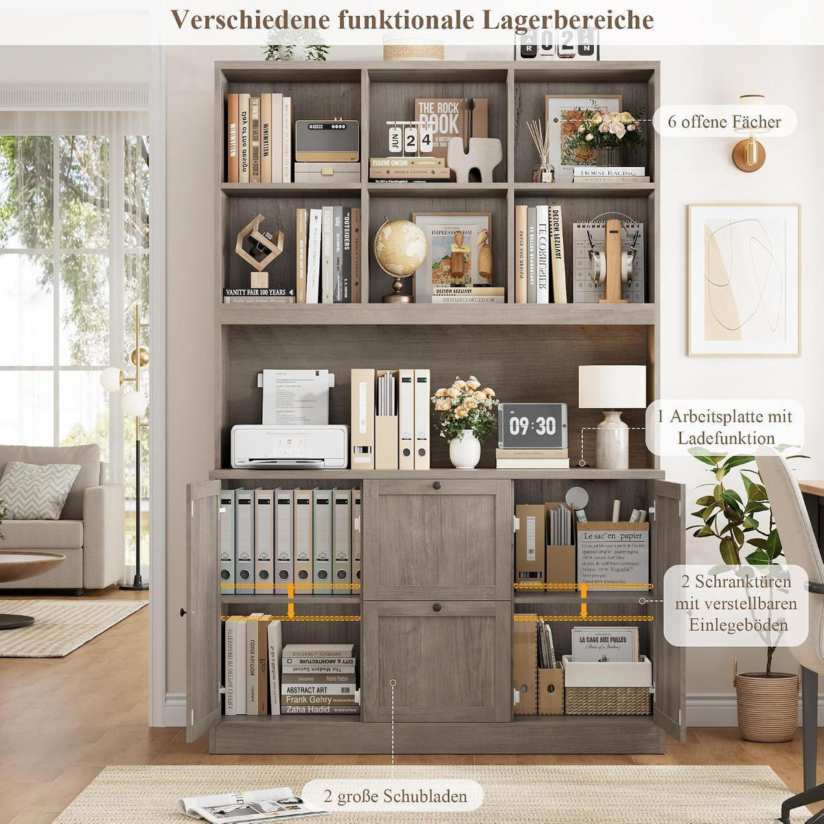 BÜCHERREGAL mit Steckdose Artisan Eiche 116 x 40 x 182 cm - Grau, Holzwerkstoff (116/182/40cm)