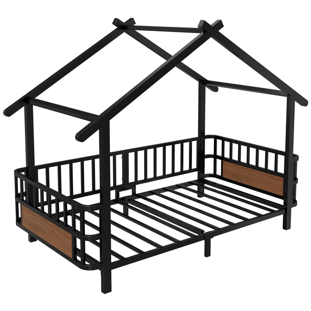 KINDERBETT 90x200cm Metall Hausbett Sicherheitsgitter Schwarz - Schwarz, Metall (90/200cm) - FLIEKS